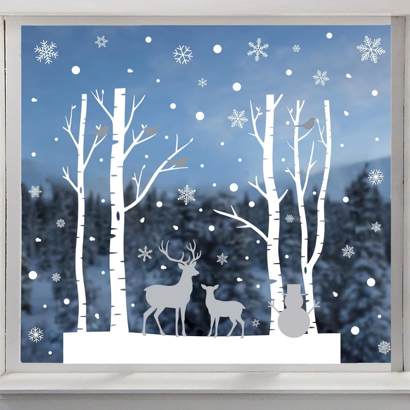 Kasubeso Large Birch Tree Deer Window Decal, Snowy Christmas Snowman Window Stickers, Peel and Stick Winter Snowflake Window Clings for Holiday Party Bedroom Living Room Offices Home Decoration - Image 3